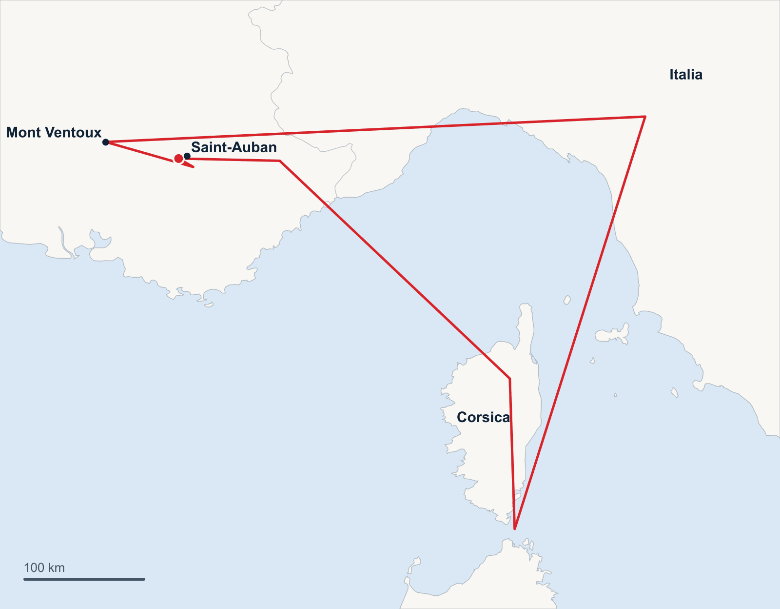 Routenkarte des Dreiecksflugs von Saint-Auban über Korsika und Italien und zurück