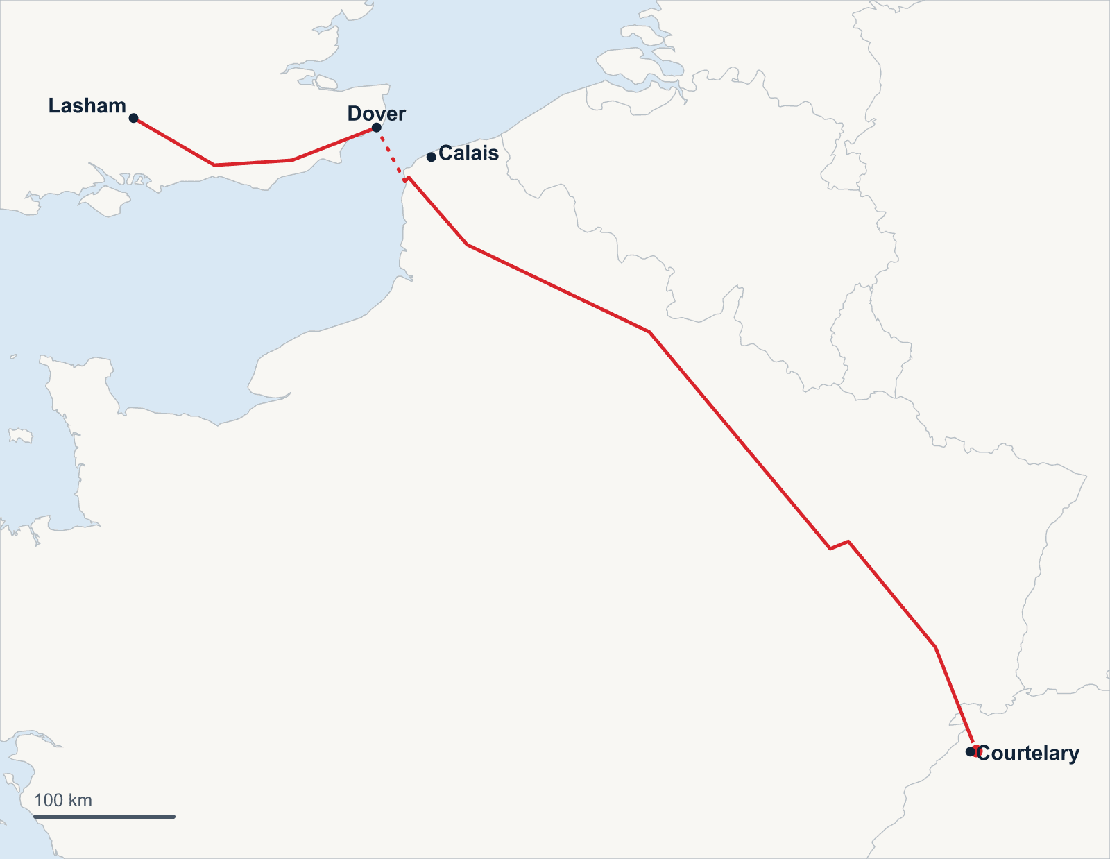Route map of the flight from Courtelary across France and the Channel to Lasham